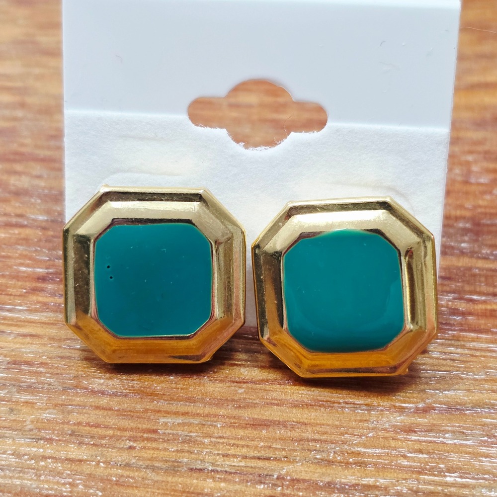 Vintage‎ Gold Tone Teal Octagon Stud Earrings Women Fashion Jewelry